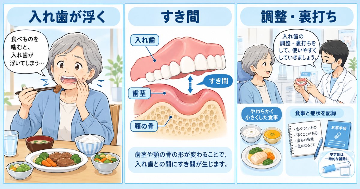 食事で入れ歯がずれて痛い原因は歯茎の変化や摩耗にあり固定する方法も紹介